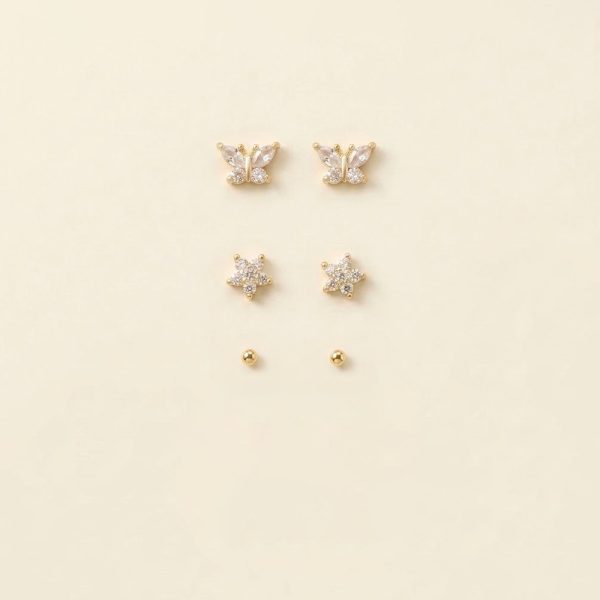 Amara petite zircon stud earring set with butterfly floral and gold bead studs sui-co