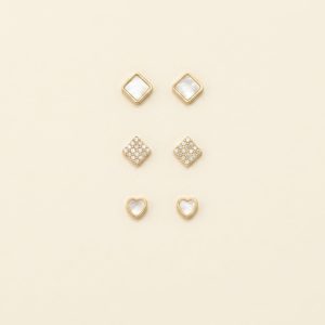 Aveline 3 pair stud set with heart zircon and square resin studs sui-co