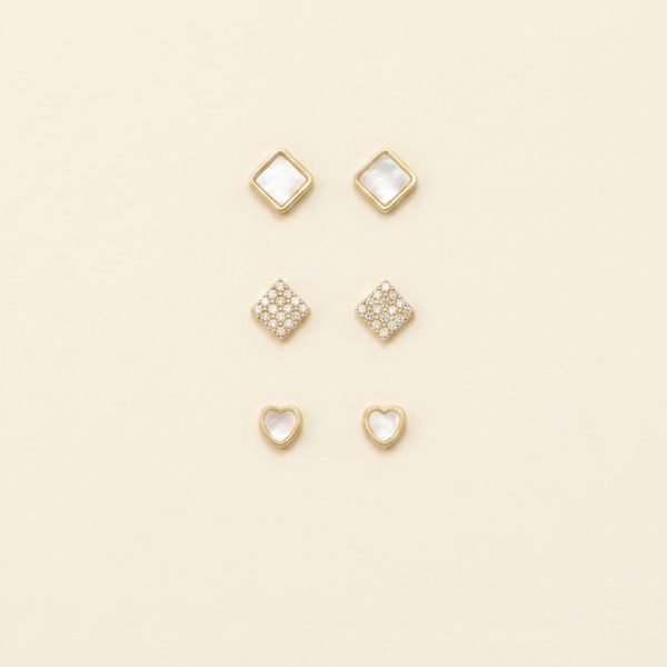 Aveline 3 pair stud set with heart zircon and square resin studs sui-co