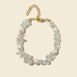 Lumene clear quartz crystal and freshwater pearl bracelet earring set sui-co