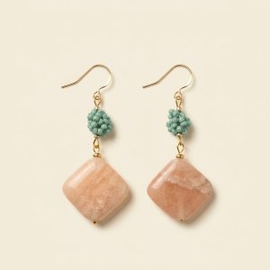 Sui Artisan Vespera square peach moonstone earrings jade green Japanese seed bead ball sui-co.my