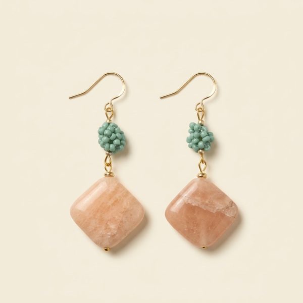 Sui Artisan Vespera square peach moonstone earrings jade green Japanese seed bead ball sui-co.my