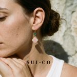 Model wear Handcrafted natural peach moonstone gemstone texture gold plated hook earrings sui-co